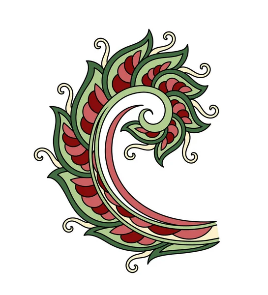 Paisley yaprağı doğrusal. Broşür ve broşür. Güzellik ve zarafet. Kırmızı ve yeşil çiçek. Geleneksel süs. Eski tarz yaratıcılık. Beyaz arkaplanda izole edilmiş düz vektör çizimi