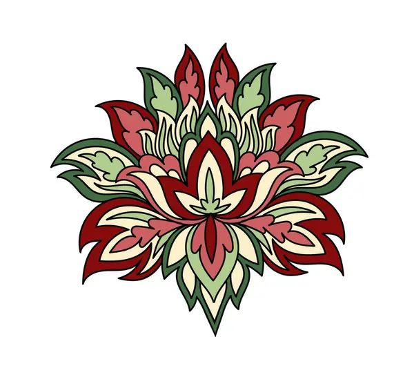 Paisley yaprağı doğrusal. El yapımı nesne. Güzellik ve zarafet. Kırmızı ve yeşil çiçek. Geleneksel süs. Eski tarz yaratıcılık. Beyaz arkaplanda izole edilmiş düz vektör çizimi