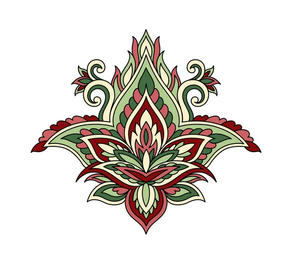 Paisley yaprağı doğrusal. El yapımı nesne. Güzellik ve zarafet. Kırmızı ve yeşil çiçek. Sosyal medya etiketi. Eski tarz yaratıcılık. Beyaz arkaplanda izole edilmiş düz vektör çizimi