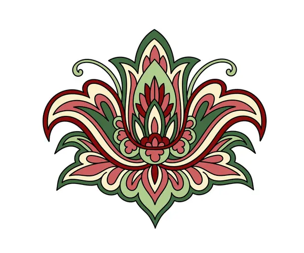 Paisley yaprağı doğrusal. El yapımı nesne. Güzellik ve zarafet. Kırmızı ve yeşil çiçek. Web sitesi için grafik ögesi. Eski tarz yaratıcılık. Beyaz arkaplanda izole edilmiş düz vektör çizimi