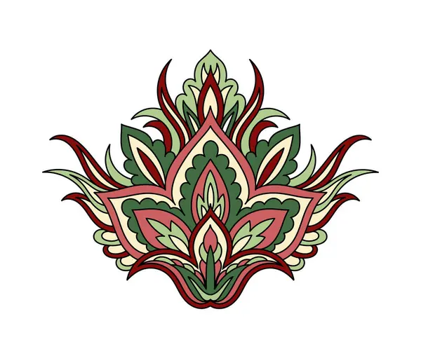 Paisley yaprağı doğrusal. El yapımı nesne. Güzellik ve zarafet. Kırmızı ve yeşil çiçek. Eski tarz soyut yaratıcılık ve sanat. Beyaz arkaplanda izole edilmiş düz vektör çizimi