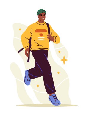 Aceleci insan kavramı. Günlük kıyafet giymiş bir adam koşuyor. Kötü zaman yönetimine sahip bir karakter. Sosyal ağlar ve kuryeler için etiket. Çizgi film düz vektör çizimi beyaz arkaplanda izole edildi