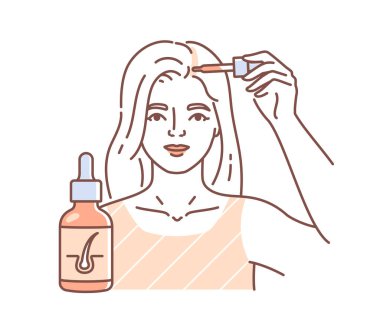 Kafa derisi tedavisi doğrusal konsept. Cilt bakımı ve SPA prosedürleri. Sarışın, güzel bir genç kız. Kozmetik ürünleri. Şablon ve düzen. Beyaz arkaplanda karalama düz vektör çizimi izole