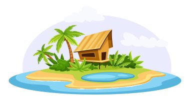 Tropik ada manzarası. Palmiyeli ve kumlu bir ev. Göllü egzotik kıyı şeridi. Paradse ve Hawaii. Poster ya da afiş. Çizgi film düz vektör çizimi beyaz arkaplanda izole edildi