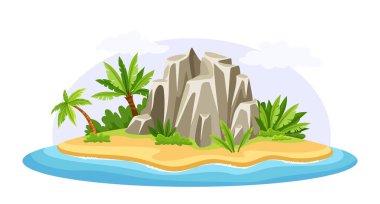 Tropik ada manzarası. Palmiyeli ve kumlu bir dağ. Göllü egzotik kıyı şeridi. Paradse ve Hawaii. Şablon ve düzen. Çizgi film düz vektör çizimi beyaz arkaplanda izole edildi