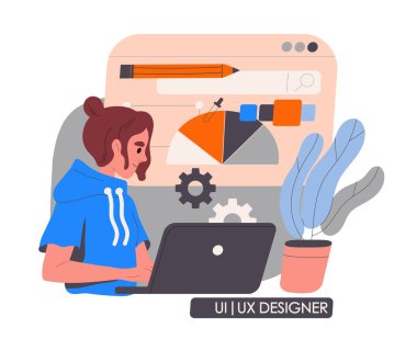 Web geliştirme ekibi konsepti. Serbest çalışan ve işyerinde uzaktan çalışan biri. Verimli çalışma süreci düzenleniyor. Poster ya da afiş. Çizgi film düz vektör çizimi beyaz arkaplanda izole edildi