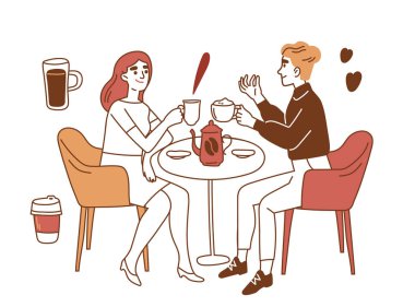 Kahve aşığı karalama konsepti. Aroma ve içecek. Sıcak içecek, americano ve kapuçino. Kafede oturan iki kadın. Broşür ve broşür. Basit düz vektör çizimi beyaz arkaplanda izole edildi