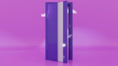 Açık mor kapıdan süzülen beyaz bulutlu 3D animasyon boş pembe parlak oda veya uzay, gerçeküstü rüya video konsepti