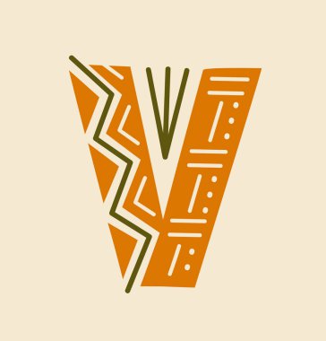 Afrika yazı tipi harfi kavramı. Renkli desenleri ve süslemeleri olan turuncu V. Alfabe elementi. Web sitesi için grafik ögesi. Çizgi film düz vektör çizimi bej arkaplanda izole edildi