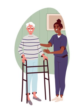 Yaşlı insan kavramını önemsemek. Kız yaşlı adama sopayla yardım ediyor. Sağlık ve ilaç, tedavi. Şablon ve düzen. Çizgi film düz vektör çizimi beyaz arkaplanda izole edildi