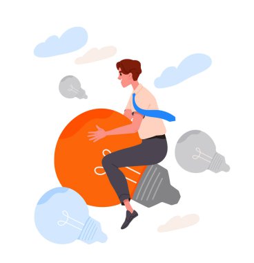 Beyin fırtınası konsepti olan adam. Ampuldeki genç adam. Başlangıç için fikri olan karakter. Yetenekli ve yaratıcı bir girişimci. Çizgi film düz vektör çizimi beyaz arkaplanda izole edildi