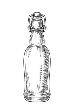 Bira elementi doğrusal. Bira fabrikası ve hop üretimi. Alkolik içecek. Minimalist yaratıcılık ve sanat. Alkollü bir şişe. Beyaz arkaplanda izole edilmiş düz vektör çizimi