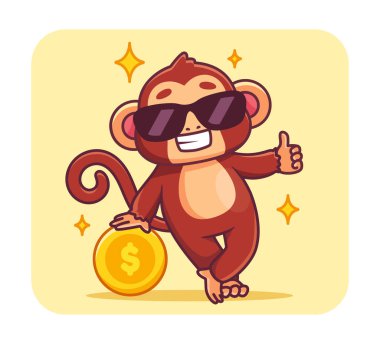 Hayvanlarla eğlenceli bir poster. Altın paralı güneş gözlüklü sevimli maymun. Zooloji ve vahşi yaşam. Çocuklar için maskot ya da oyuncak. Çizgi film düz vektör çizimi beyaz arkaplanda izole edildi