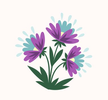 Bahar çiçeği konseptli buket. Yapraklı mor ve mavi çiçekler. Vahşi hayat ve bitki örtüsü. Botanik ve çiçekçilik. Şablon ve düzen. Çizgi film düz vektör çizimi beyaz arkaplanda izole edildi