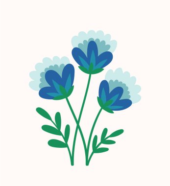 Bahar çiçeği konseptli buket. Yapraklı mavi çiçekler. Vahşi hayat ve bitki örtüsü. Poster ya da afiş. Çiçek aç ve çiçek aç. Çizgi film düz vektör çizimi beyaz arkaplanda izole edildi