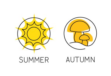 Mevsimler doğrusal simgeler ayarlandı. Güneş ve mantarlı turlar. Yaz ve sonbahar. Karalama çizimi. Web sitesi için grafik ögesi. Beyaz arkaplanda izole edilmiş düz vektör koleksiyonu