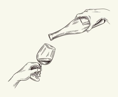 Şaraphane konsepti. Şişeli ve camlı el çizimi. Şarap üretimi. Minimalist yaratıcılık ve sanat. Şablon ve düzen. Sarı arkaplanda izole edilmiş doğrusal düz vektör çizimi