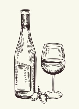 Şaraphane konsepti. Şişe ve cam çizimi. Minimalist yaratıcılık ve sanat. Alkol ve içecek. Poster ya da afiş. Sarı arkaplanda izole edilmiş doğrusal düz vektör çizimi