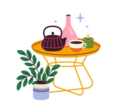 Hygge dekor elemanı konsepti. Çaydanlık ve fincanlı masa. Rahatlık ve rahatlık. Noel ve Yeni Yıl. Poster ya da afiş. Çizgi film düz vektör çizimi beyaz arkaplanda izole edildi