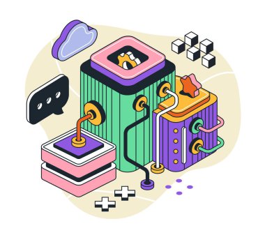 Yaratıcı süreç izometrik doğrusal metafor. Fikir üretimi, beyin fırtınası. İşe başla ve iş projesine başla. Şablon ve düzen. Basit 3B vektör illüstrasyonu beyaz arkaplanda izole edildi