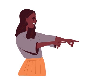 Güzel, sevimli kız konsepti. Parmakla işaret eden sevimli bir kadın. Olumlu ve iyimser. Sosyal ağlar ve kuryeler için etiket. Çizgi film düz vektör çizimi beyaz arkaplanda izole edildi