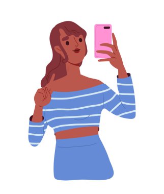 Güzel, sevimli kız konsepti. Akıllı telefonlu hoş bir kadın selfie çekiyor. Olumlu ve iyimser. Duygular ve duygular. Sosyal medya. Çizgi film düz vektör çizimi beyaz arkaplanda izole edildi