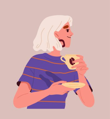 İnsan kahve içer. Bardakta sıcak içkisi olan bir kadın. Aroma ve içecek. Cappuccino ve Americano. Poster ya da afiş. Kahverengi arkaplanda izole edilmiş çizgi film düz vektör çizimi