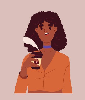 İnsan kahve içer. Bardakta sıcak içkisi olan bir kadın. Aroma ve içecek. Cappuccino ve Americano. Sabah içeceği. Kahverengi arkaplanda izole edilmiş çizgi film düz vektör çizimi