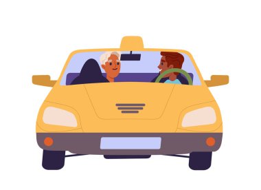 Araba konsepti olan insanlar. İki adam nakliye aracında. Seyahat ve seyahat. Tatil ve tatil. Sosyal ağlar ve kuryeler için etiket. Çizgi film düz vektör çizimi beyaz arkaplanda izole edildi