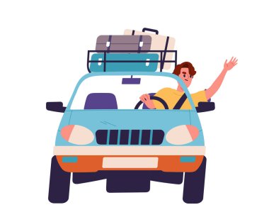 Araba konsepti olan insanlar. Adam nakliye aracında. Seyahat ve seyahat. Tatil ve tatil. Bagajı ve bagajı olan genç bir adam. Çizgi film düz vektör çizimi beyaz arkaplanda izole edildi