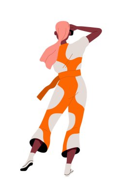 Ayakta duran kişi arkasını döndü. Süslü, turuncu ve beyaz giyinmiş bir kadın. Karakter günlük kıyafetlerle gider. Poster ya da afiş. Çizgi film düz vektör çizimi beyaz arkaplanda izole edildi