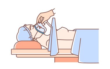 Estetik cerrahi karalama. Nefes alma cihazı olan bir kadın. Cilt bakımı, güzellik tedavisi, spa prosedürleri. Tıbbi bilgi grafikleri. Beyaz arkaplanda izole edilmiş doğrusal düz vektör çizimi