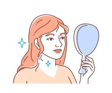 Estetik cerrahi yüz karalaması. Yaşlanma karşıtı prosedürleri olan bir kadın. Kız aynaya bak. Güzellik ve cilt bakımı. Beyaz arkaplanda izole edilmiş doğrusal düz vektör çizimi