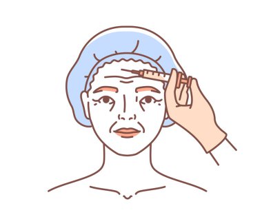 Estetik cerrahi yüz karalaması. Yaşlanma karşıtı prosedürleri olan bir kadın. Doktor kozmetik ürünü enjekte ediyor. Güzellik ve cilt bakımı. Beyaz arkaplanda izole edilmiş doğrusal düz vektör çizimi