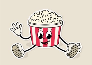 Retro sinema etiketi. Patlamış mısırlı sepet. Film ve dizi endüstrisi. Emoji ve emoticon. Web sitesi için grafik ögesi. Çizgi film düz vektör çizimi bej arkaplanda izole edildi