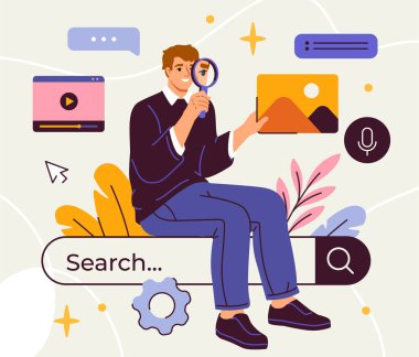 İnternet konseptini araştır. Çevrimiçi bilgi ve içeriği olan büyüteçli bir adam. Web sitesi için grafik ögesi. Çizgi film düz vektör çizimi sarı arkaplanda izole edildi