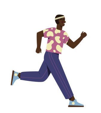 Spor aktivitesi insanı konsepti. Spor elbiseli bir adam koşuyor. Aktif yaşam tarzı ve boş zaman. Sosyal ağlar için etiket. Çizgi film düz vektör çizimi beyaz arkaplanda izole edildi