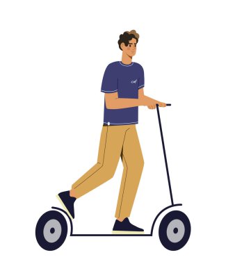 Spor aktivitesi insanı konsepti. Scooter 'daki adam. Aktif yaşam tarzı ve boş zaman. Seyahat ve seyahat. Sosyal ağlar için etiket. Çizgi film düz vektör çizimi beyaz arkaplanda izole edildi