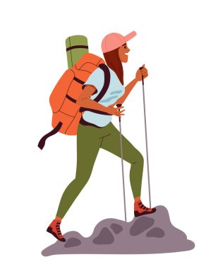 Yaz etkinliği konsepti. Aktif yaşam tarzı ve açık hava eğlencesi. Sırt çantalı bir kadın. Yürüyüş ve kamp. Poster ya da afiş. Çizgi film düz vektör çizimi beyaz arkaplanda izole edildi