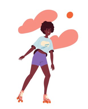 Yaz etkinliği konsepti. Aktif yaşam tarzı ve açık hava eğlencesi. Paten yapan kadın. Web sitesi için grafik ögesi. Çizgi film düz vektör çizimi beyaz arkaplanda izole edildi