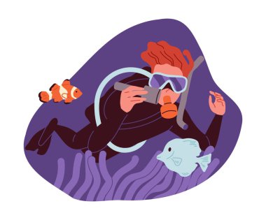 Yaz etkinliği konsepti. Aktif yaşam tarzı ve açık hava eğlencesi. Adam dalıyor. Ekstrem sporlar. Sosyal ağlar için etiket. Çizgi film düz vektör çizimi beyaz arkaplanda izole edildi