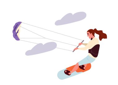 Yaz etkinliği konsepti. Aktif yaşam tarzı ve açık hava eğlencesi. Paraşütçü sörf tahtasında bir kadın. Poster ya da afiş. Çizgi film düz vektör çizimi beyaz arkaplanda izole edildi