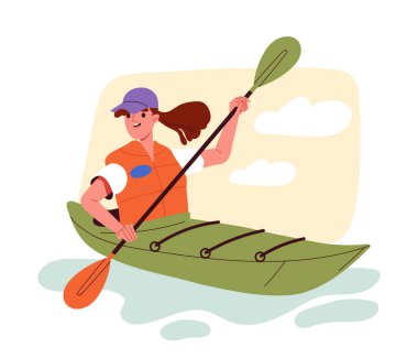 Yaz etkinliği konsepti. Aktif yaşam tarzı ve açık hava eğlencesi. Kanodaki kadın. Ekstrem sporlar. Sosyal medya etiketi. Çizgi film düz vektör çizimi beyaz arkaplanda izole edildi