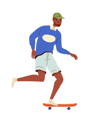 Yaz etkinliği konsepti. Aktif yaşam tarzı ve açık hava eğlencesi. Kaykayda adam biniyor. Ekstrem spor ve gençlik kültürü. Çizgi film düz vektör çizimi beyaz arkaplanda izole edildi