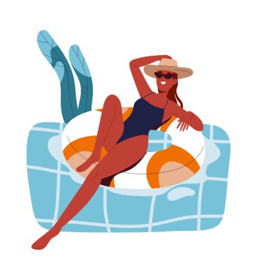 Yaz tatili konsepti. Yüzme havuzunda mayo giymiş bir kadın. Tatil ve tatil. Kız güneşleniyor. Poster ya da afiş. Çizgi film düz vektör çizimi beyaz arkaplanda izole edildi