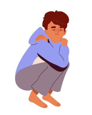 Psikolojik hastalıktan muzdarip gençler. Üzgün çocuk oturuyor. Akıl sağlığı ve psikoloji. Hayal kırıklığı ve yalnızlık. Çizgi film düz vektör çizimi beyaz arkaplanda izole edildi