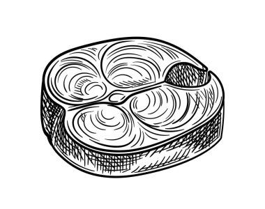 Ton balığı doğrusal. Balık etinin el çizimi çizimi. Yağlı ve proteinli sağlıklı yiyecekler. Şablon ve düzen. Beyaz arkaplanda izole edilmiş düz vektör çizimi