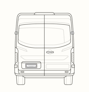 Van doğrusal geri görüş. Ulaşım taslağını incele. Minimalist yaratıcılık ve sanat. Ulaşım ve teslimat. Site için grafik ögesi. Beyaz arkaplanda izole edilmiş düz vektör çizimi