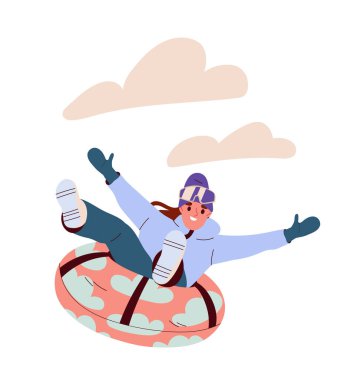 Kış etkinliği kavramı. Her şeye burnunu sokan bir karakter. Soğuk havada dışarıda vakit geçirmek. Ekstrem sporları olan genç bir kız. Sosyal medya etiketi. Çizgi film düz vektör çizimi beyaz arkaplanda izole edildi