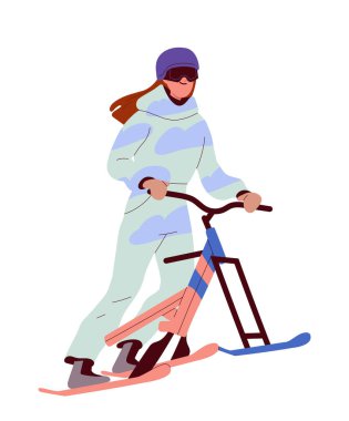 Kış etkinliği kavramı. Kar fırtınası karakteri. Soğuk havada dışarıda vakit geçirmek. Ekstrem sporları olan kız. Web sitesi için grafik ögesi. Çizgi film düz vektör çizimi beyaz arkaplanda izole edildi